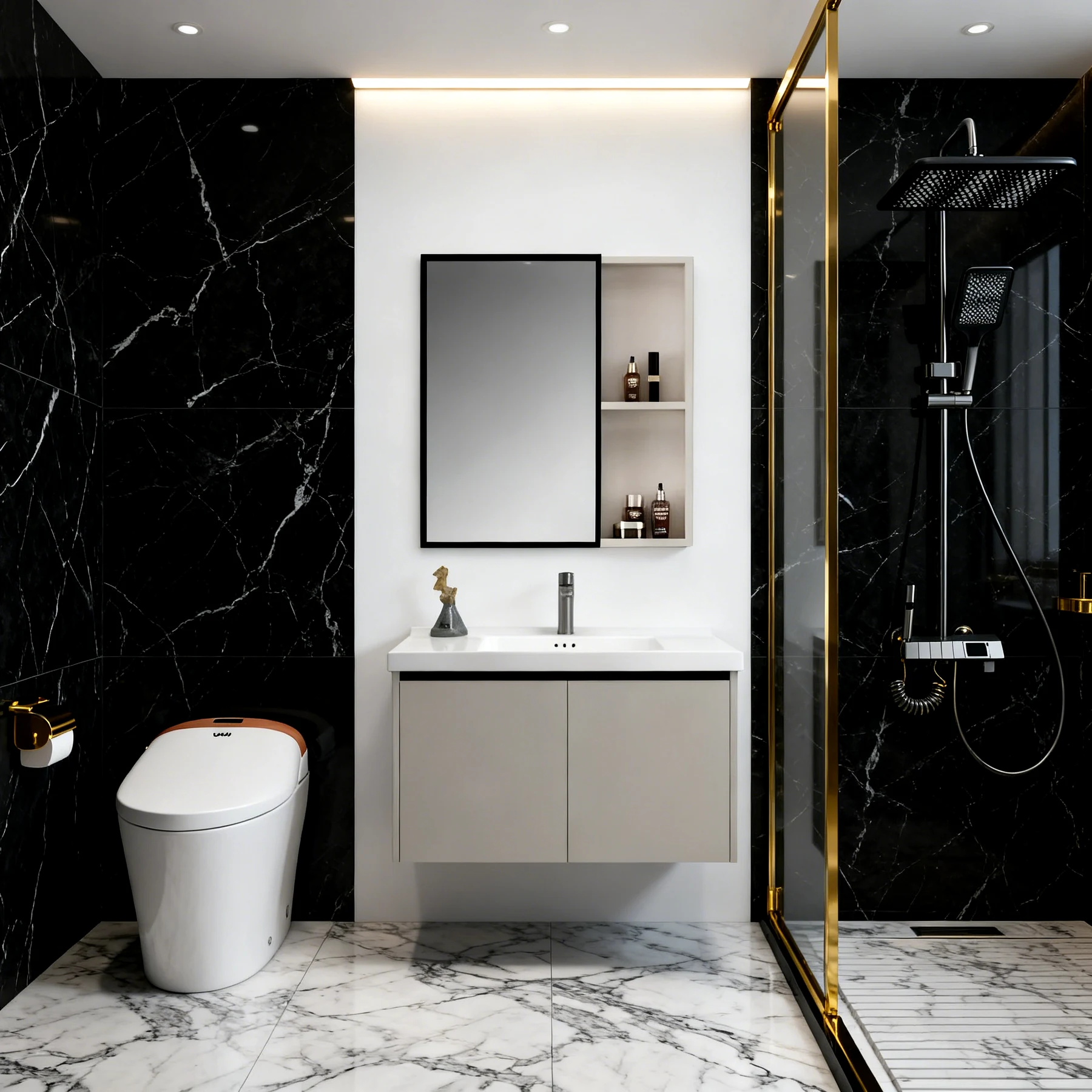 Hai Xiaolang toilet in a black and gold bathroom