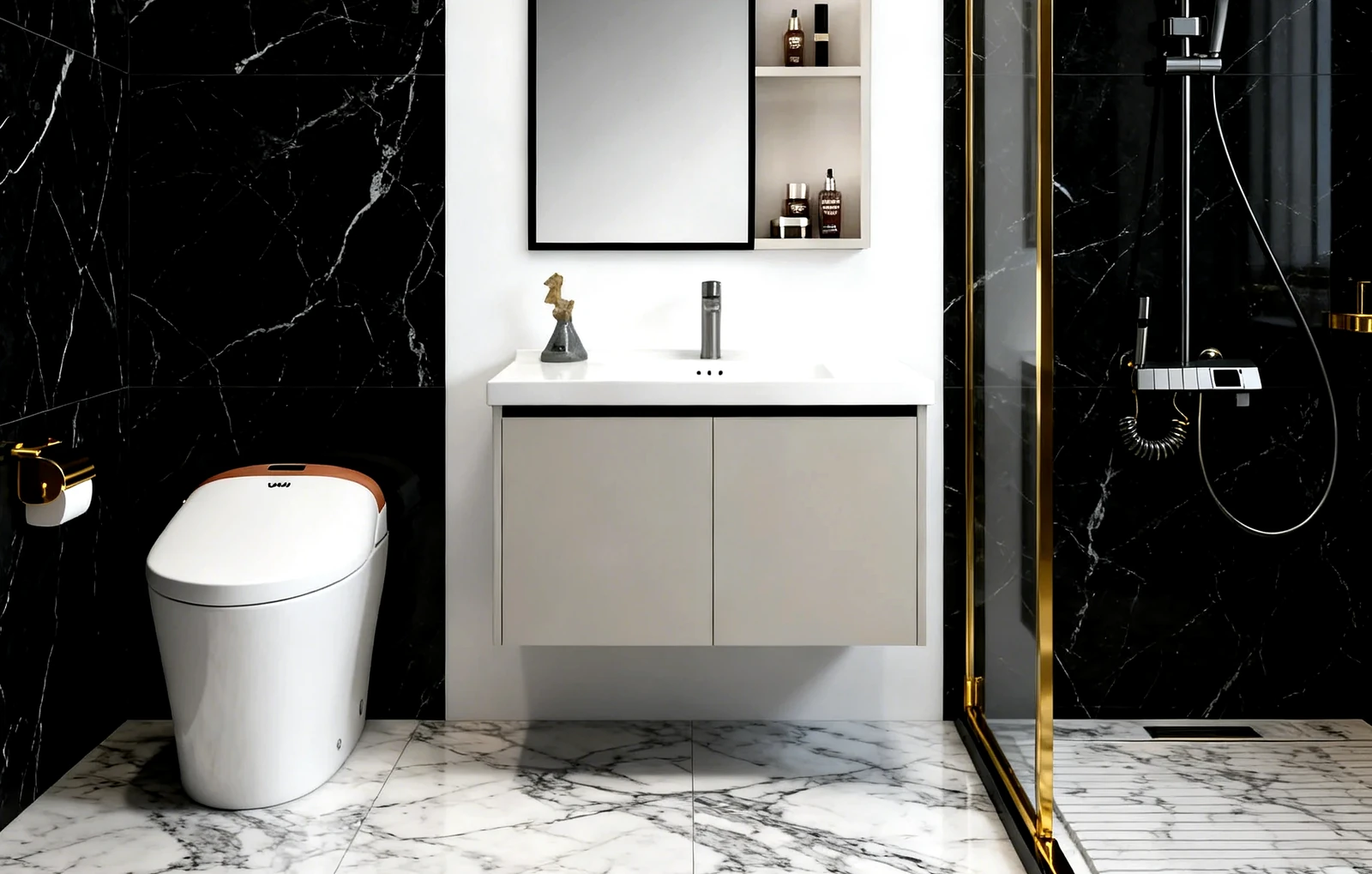 Hai Xiaolang all-aluminum non-ceramic ecological toilet in a black and gold bathroom