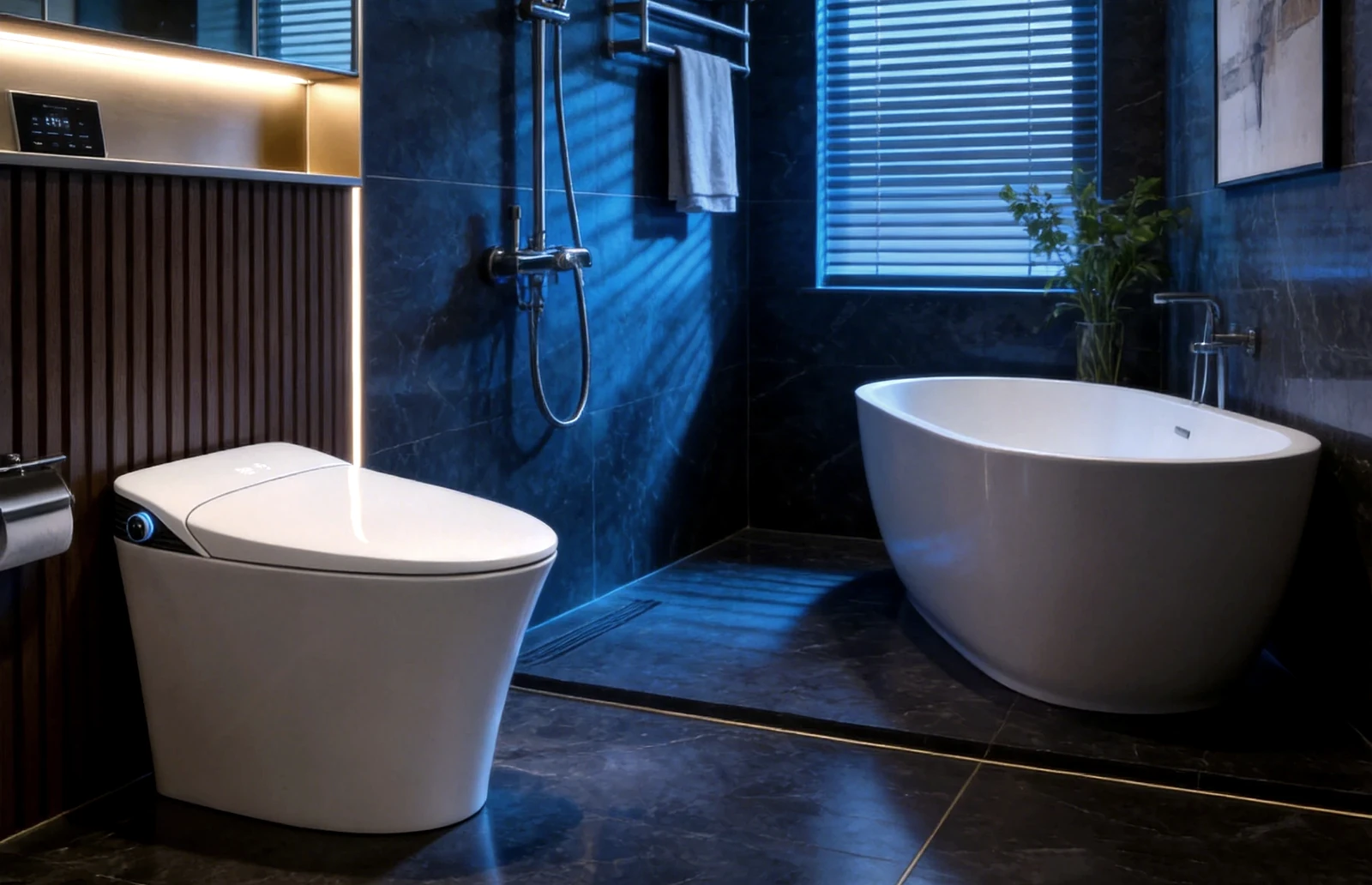 Hai Xiaolang all-aluminum non-ceramic ecological toilet in a dark modern bathroom