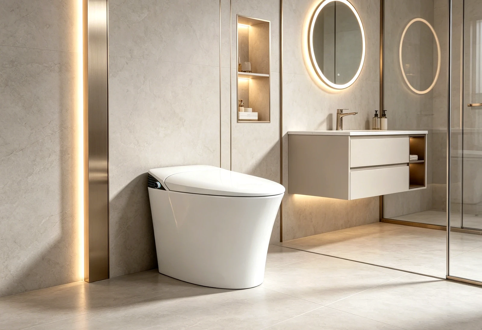 Hai Xiaolang all-aluminum non-ceramic ecological toilet in a warm white bathroom
