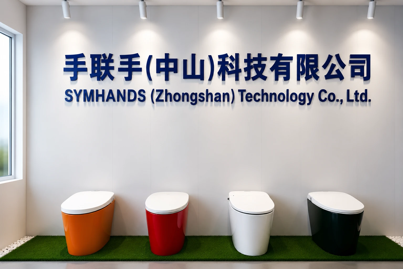 手联手品牌墙与多色全铝非陶生态坐便器平台展示